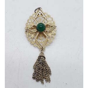 Vintage Sarah Coventry Brooch Pendant Gold Filigree Tassel Green Glass Stone